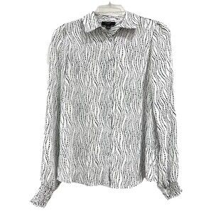 Haver London Wavy Dot Slightly Sheer Polyester Blouse Smocked Cuffs XS Ivory Blk